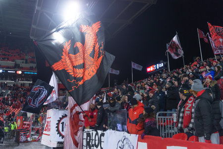 Toronto, ON, Canada - Match 23: Toronto FC Fans during the 2023 MLS Regular Season match between Toronto FC (Canada) and  Columbus Crew (USA) at BMO Field in Toronto, Canada (Score 1:1)のeditorial素材