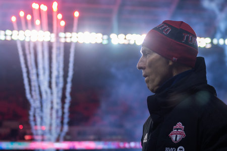 Toronto, ON, Canada - Match 23:   Head Coach and Sporting Director  of the Toronto FC Bob Bradley during the 2023 MLS Regular Season match between Toronto FC (Canada) and  Columbus Crew (USA) at BMO Field in Toronto, Canada (Score 1:1)のeditorial素材