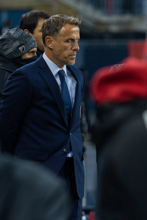 Toronto, ON, Canada - Match 18, 2023:     Head coach of the Inter Maimi FC Phil Neville  looks at the field during the match between Toronto FC (Canada) and Inter Miami FC (USA) at BMO Field in Toronto, Canada.  MLS Regular Season.のeditorial素材