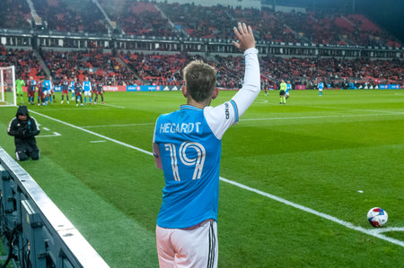 Toronto, ON, Canada - April 1: Christopher Hegardt #19 midfielder of the Charlotte FC makes the corner kick during the 2023 MLS Regular Season match between Toronto FC (Canada) and  Charlotte FC (USA) at BMO Field in Toronto, Canada (Score 2:2)のeditorial素材