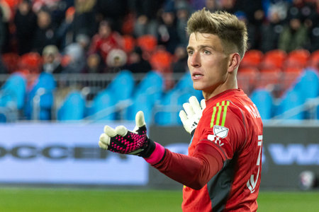 Toronto, ON, Canada - April 1:   George Marks #31  goalkeeper of the Charlotte FC  during the 2023 MLS Regular Season match between Toronto FC (Canada) and  Charlotte FC (USA) at BMO Field in Toronto, Canada (Score 2:2)のeditorial素材