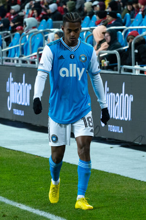 Toronto, ON, Canada - April 1:  Kerwin Vargas #18 forward of the Charlotte FC   during the 2023 MLS Regular Season match between Toronto FC (Canada) and  Charlotte FC (USA) at BMO Field in Toronto, Canada (Score 2:2)のeditorial素材