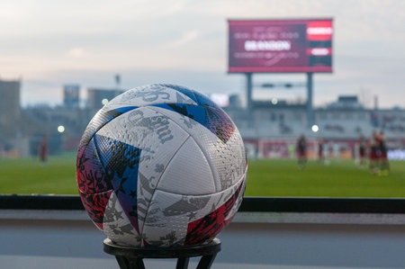 Toronto, ON, Canada - April 15: View at game ball with MLS logo during the  2023 MLS Regular Season match between Toronto FC (Canada) and  Atlanta United (USA) at BMO Field in Toronto, Canada (Score 2:2)のeditorial素材