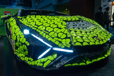 Toronto, ON, Canada - February 21, 2023:  LEGO Group introduces a life-sized model of a Lamborghini...