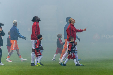 Toronto, ON, Canada - April 29Ð± 2023: Toronto FC football players take the field before the 2023 MLS Regular Season match between Toronto FC (Canada) and  New York City FC (USA) at BMO Field  (Score 1:0, Toronto FC won)のeditorial素材