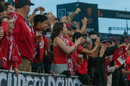 Toronto, ON, Canada - June 27, 2023: Canada national team fans support their team during the  2023 Concacaf Gold Cup match between national team of Canada and Guadeloupe (Group D (Score 2:2)のeditorial素材