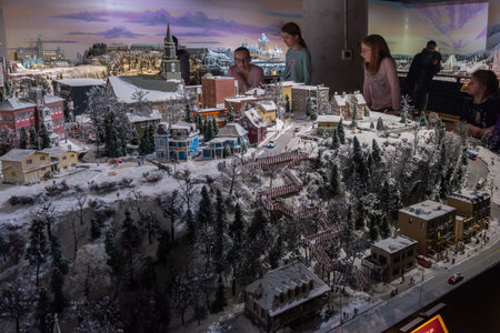 Toronto, ON, Canada - June 4, 2023: Visitors look at the exhibition at miniature attraction of famous Canada places in Little Petite Canada exhibitionのeditorial素材