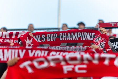 Toronto, ON, Canada -May 27, 2023: Fans and Ultras of Toronto FC during the MLS Regular Season match between Toronto FC (Canada) and  D.C.United (USA) at BMO Field in Toronto, Canadaのeditorial素材