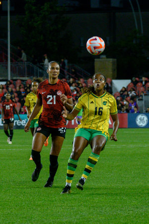 Toronto, ON, Canada - September 26, 2023: Paige Bailey-Gayle #16 of the Jamaica national football team during the 2023 Concacaf W Olympic Play-In match between women national team of Canada and  Jamaica (Score 2:1)のeditorial素材