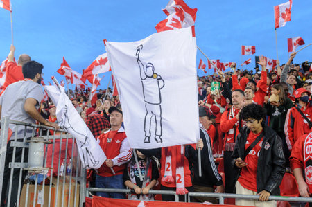 Toronto, ON, Canada - September 26, 2023: Canadian fans with the banners during the 2023 Concacaf W Olympic Play-In match between women national team of Canada and  Jamaica (Score 2:1)のeditorial素材