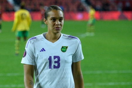 Toronto, ON, Canada - September 26, 2023: Rebecca Spencer #13 Goalkeeper of the Jamaica national football team during the 2023 Concacaf W Olympic Play-In match between women national team of Canada and  Jamaica (Score 2:1)のeditorial素材