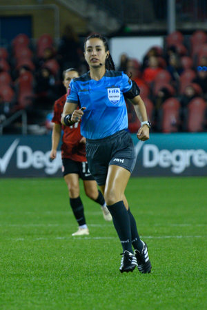 Toronto, ON, Canada - September 26, 2023: Referee Katia Garcia during the 2023 Concacaf W Olympic Play-In match between women national team of Canada and  Jamaica (Score 2:1)のeditorial素材