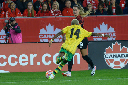 Toronto, ON, Canada - September 26, 2023: Jordyn Huitema #9 of the Canadian national football team  during the 2023 Concacaf W Olympic Play-In match between women national team of Canada and  Jamaica (Score 2:1)のeditorial素材