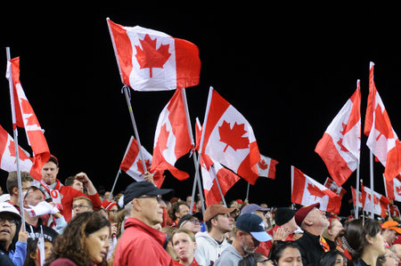 Toronto, ON, Canada - September 26, 2023: Ð¡anadian fans and supporters during the 2023 Concacaf W Olympic Play-In match between women national team of Canada and  Jamaica (Score 2:1)のeditorial素材
