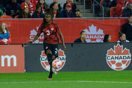 Toronto, ON, Canada - September 26, 2023: Kadeisha Buchanan #3 of the Canadian national football team moves with the ballduring the 2023 Concacaf W Olympic Play-In match between women national team of Canada and  Jamaica (Score 2:1)のeditorial素材