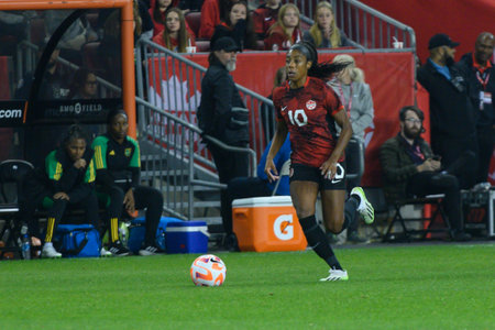 Toronto, ON, Canada - September 26, 2023: Ashley Lawrence #10 of the Canadian national football team  during the 2023 Concacaf W Olympic Play-In match between women national team of Canada and  Jamaica (Score 2:1)のeditorial素材