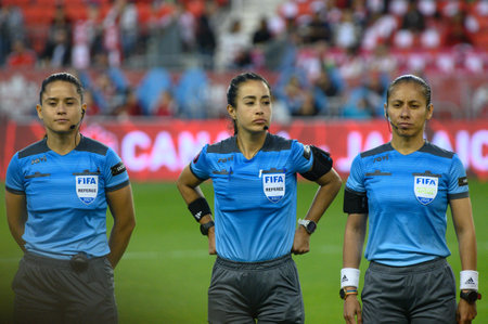 Toronto, ON, Canada - September 26, 2023: Referee team before the 2023 Concacaf W Olympic Play-In match between women national team of Canada and  Jamaica (Score 2:1)のeditorial素材
