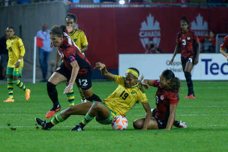 Toronto, ON, Canada - September 26, 2023: Tiernny Wiltshire  #19 of the Jamaica national football team during the 2023 Concacaf W Olympic Play-In match between women national team of Canada and  Jamaica (Score 2:1)のeditorial素材