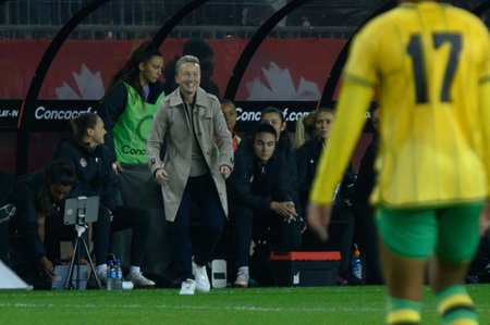 Toronto, ON, Canada - September 26, 2023: Head coach f the Canadian national football team Beverly Priestman looks at during the 2023 Concacaf W Olympic Play-In match between women national team of Canada and  Jamaica (Score 2:1)のeditorial素材