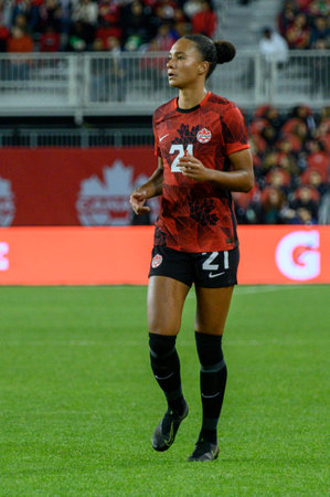 Toronto, ON, Canada - September 26, 2023: Jade Rose #21 of the Canadian national football team during the 2023 Concacaf W Olympic Play-In match between women national team of Canada and  Jamaica (Score 2:1)のeditorial素材