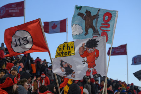 Toronto, ON, Canada -March 23, 2024:    FC Toronto Fans with the flags during the MLS Regular Season match between Toronto FC (Canada) and  Atlanta United (USA) at BMO Field (Score 2:0)のeditorial素材