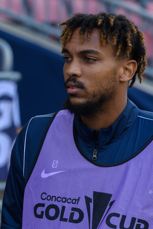 Toronto, ON, Canada - June 27, 2023: NathanaÃ«l Saintini #5 looks at before  the 2023 Concacaf Gold Cup match between national team of Canada and Guadeloupe (Score 2:2)のeditorial素材