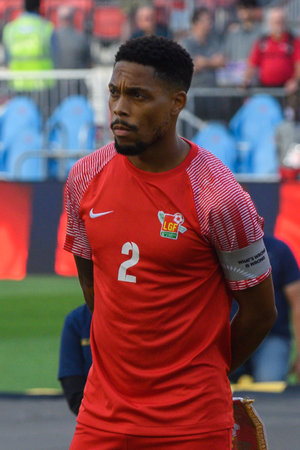 Toronto, ON, Canada - June 27, 2023: Mickael Alphonse #2 looks at before the 2023 Concacaf Gold Cup match between national team of Canada and Guadeloupe (Score 2:2)のeditorial素材