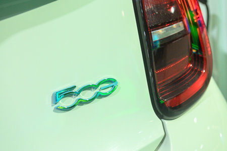 Toronto, ON, Canada - February 14, 2025: fiat 500 emblem is displayed on a car during the Canadian International Auto Show 2025.のeditorial素材
