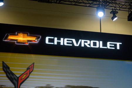Toronto, ON, Canada - February 14, 2025: Chevrolet emblem is displayed on the banner during the Canadian International Auto Show 2025.のeditorial素材