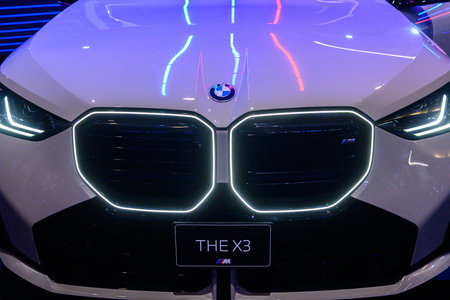 Toronto, ON, Canada - February 14, 2025: A BMW emblem is displayed on the hood of a car during the Canadian International Auto Show 2025.のeditorial素材