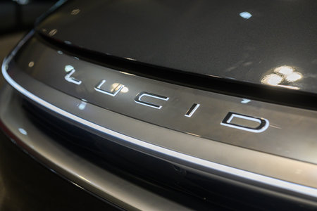 Toronto, ON, Canada - March 15, 2025: A Lucid emblem is displayed on the front of a luxury electric...