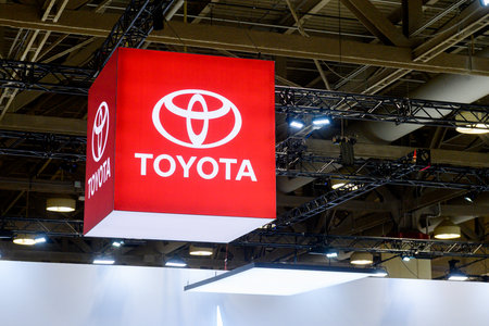 Toronto, ON, Canada - February 14, 2025: Toyota emblem is displayed on a car during the Canadian International Auto Show 2025.のeditorial素材