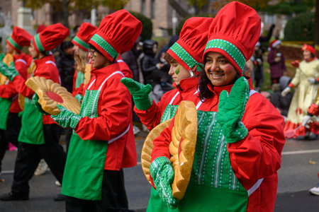TORONTO, ONTARIO, CANADA - NOVEMBER 23, 2025: Participants in festive red and green chef/elf costumes, holding large cookie props, smile and march along the route of The Original Santa Claus Parade in Downtown Toronto.のeditorial素材