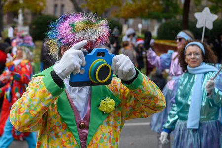 TORONTO, ONTARIO, CANADA - NOVEMBER 23, 2025: A Celebrity Clown wearing a colourful, polka-dot jacket and a rainbow wig holds a novelty camera prop as they interact with spectators during The Original Santa Claus Parade in Downtown Toronto.のeditorial素材