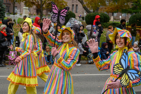 TORONTO, ONTARIO, CANADA - NOVEMBER 23, 2025: Participants wearing bright, rainbow-striped dresses and carrying butterfly decorations proceed along the route of The Original Santa Claus Parade in Downtown Toronto.のeditorial素材