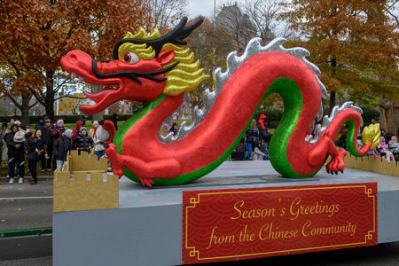 TORONTO, ONTARIO, CANADA - NOVEMBER 23, 2025: A colourful traditional Chinese Dragon Dance...