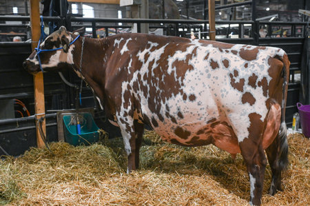 Toronto, ON, Canada - November 14, 2025: Dairy cow with distinctive brown and white markings standing on a bed of hay at an agricultural fair, representing livestock breedingのeditorial素材