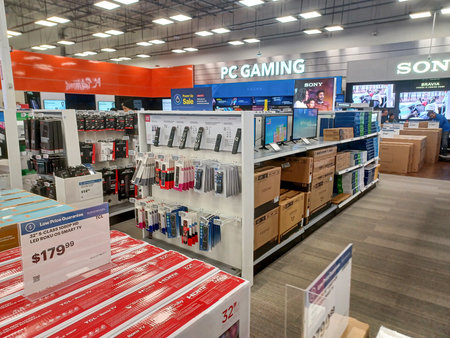 Toronto, ON, Canada - October 5, 2025: View the shelves with the electronics in the Best Buy store