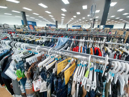 Toronto, On, Canada - November 28, 2024: Indoor view of the collection of clothes in Marshalls...