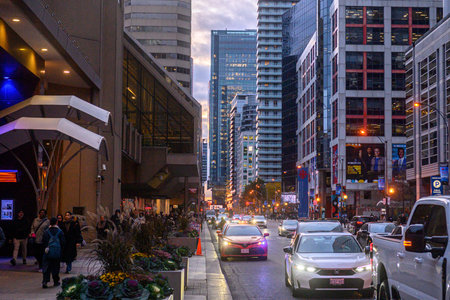 Toronto, ON, Canada - November 11, 2025: A busy street in Toronto shows a lot of car traffic during...
