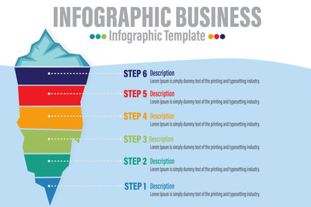 Iceberg infographic. 6 steps Six 6 option to success. Presentation slide template. Startup business. Analytics of the processes that led to a successful result.のイラスト素材