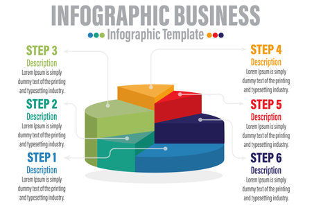 6 Steps and Six 6 Option Modern business infographic for company process with 3d colorful pie chart and flat icons. Easy to use for your website or presentation.のイラスト素材