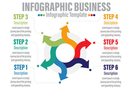 Minimal step infographics design vector and icons can be used for workflow layout, diagram, annual report. Vector infographics timeline design template with Six 6 options, parts, steps or processes.のイラスト素材