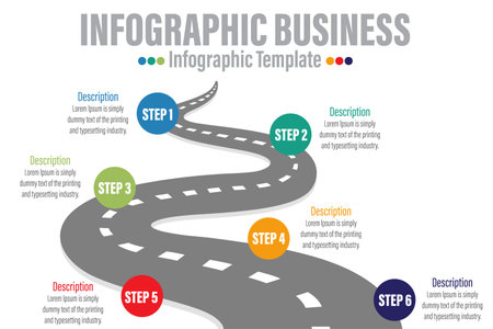 Road Timeline Infographic Presentation Template on with 3D Location Pin and Six Options or Steps for Business Presentations, Finance Reports, Web Design, and 6 Steps Reports.のイラスト素材