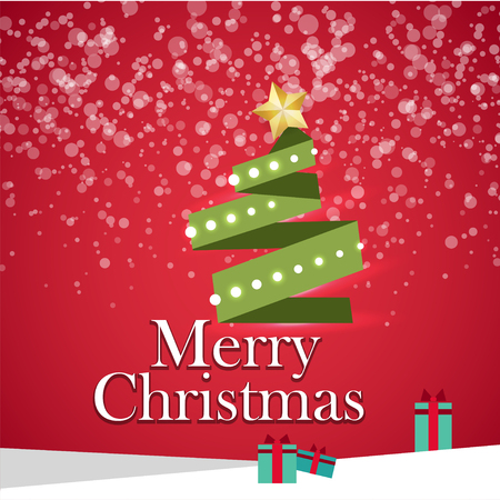 Xmas green tree garland lights. Red vector illustration template. Winter seasonal new year greeting card. Material flat style. Festive shimmer star. Traditional Christmas ball mockup background.のイラスト素材