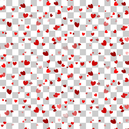 Holiday heart shape Valentines Day card. Confetti vector illustration shimmer. Transparent background wedding romantic template. Abstract glitter defocused design red color. Magic bright shine glow.のイラスト素材