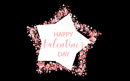 Valentines Day colored confetti paper star background. Random falling origami. Greeting invitation frame.のイラスト素材