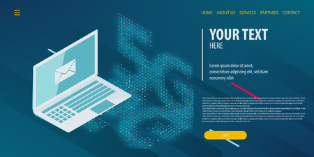 Sending mail on laptop. 5g technology data transfer connection isometric. Digital vector illustration. Site page template.のイラスト素材