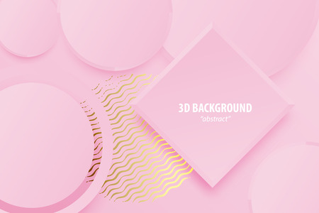 Paper cut pink rose abstract 3d web trendy background. Realistic papercut banner random square circle layers. 3d backdrop. Concept material design. Minimalist cover template. Golden color.のイラスト素材