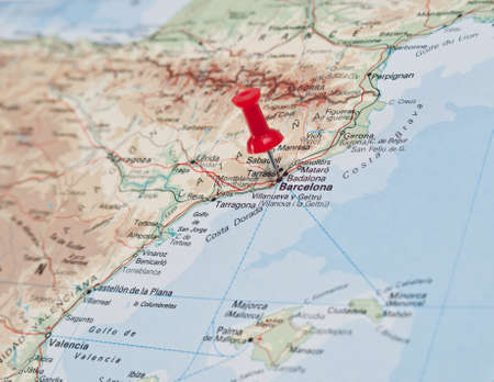 Push pin pointing at Barcelona, East coast of Spainの写真素材